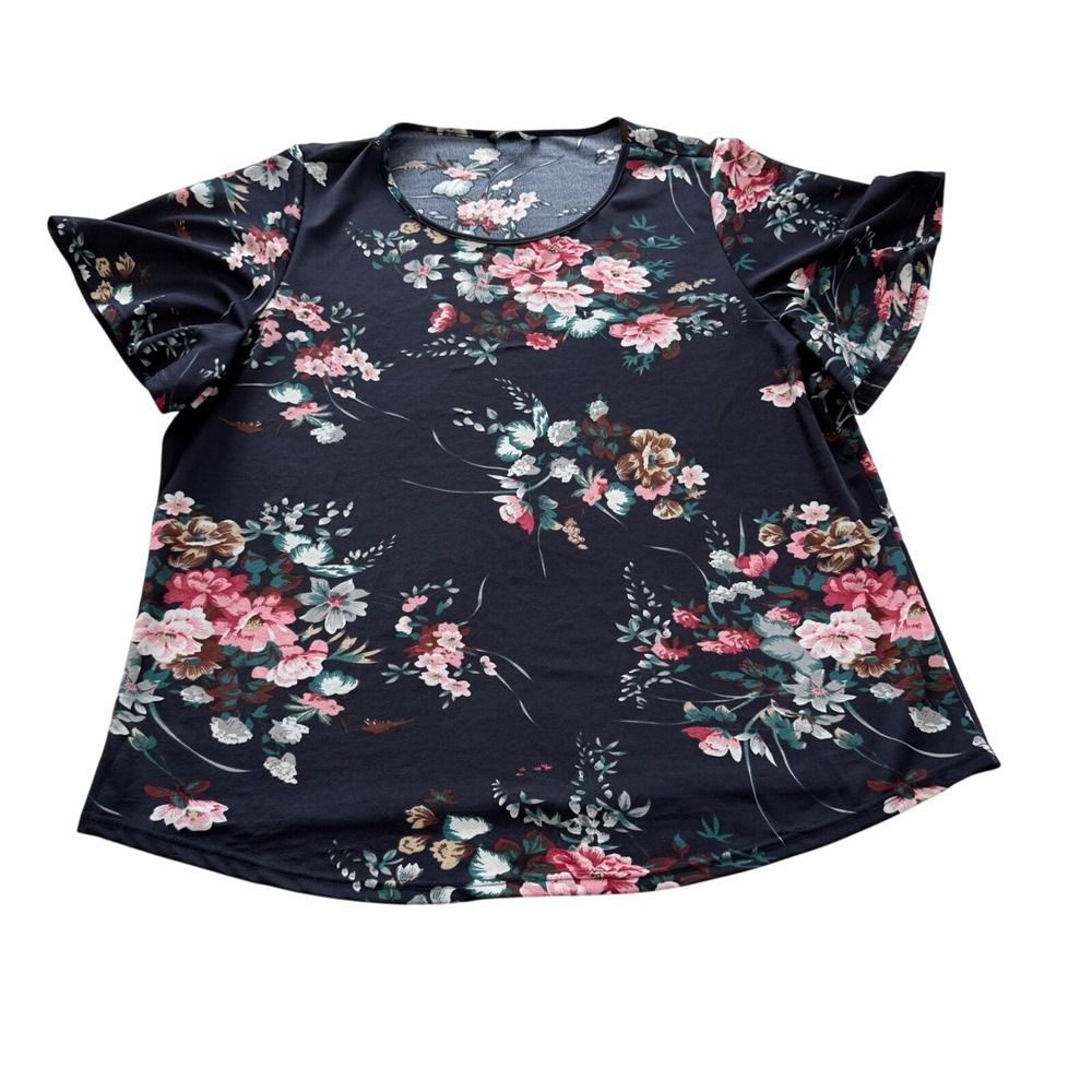 BloomChic Floral Top Womens 22-24 Navy Blue Excellent Flutter Sleeve Plus Size‎